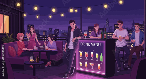 Young adults socializing at rooftop bar with city view