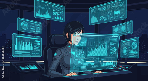 Woman working on computer with multiple screens and data analysis