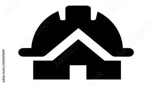 A black and white construction helmet icon, featuring curved elements and a triangular central design
