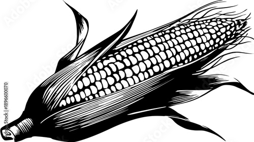 Black and white vector illustration of an ear of corn, with detailed husks and kernels