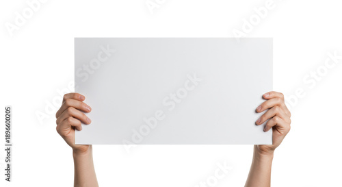 Pristine caucasian hands present a blank white horizontal sign on a seamless high-key studio background, Concept for minimalist advertising and communication