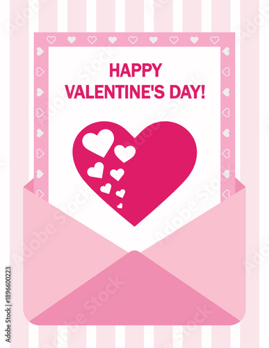 Valentine’s Day Greeting Card with Pink Heart and Envelope Illustration. Valentine's Day romantic greeting card in vintage style.