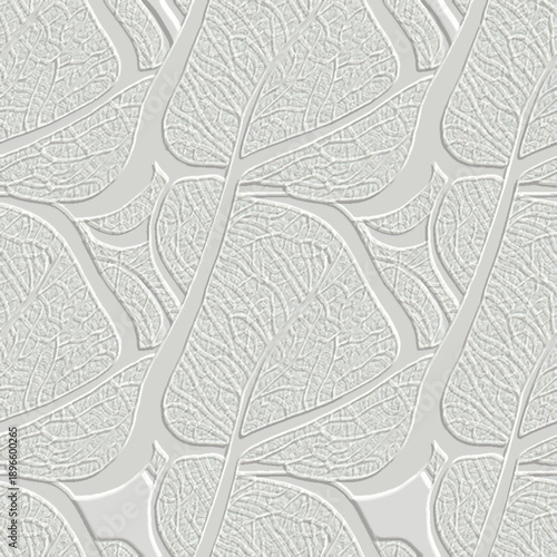 Elegant seamless pattern with 3D embossed textured leaves. Minimalist white on light grey botanical design with grunge relief texture and soft shadows for modern luxury wall decor.