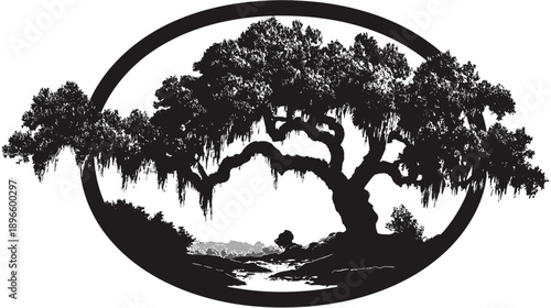 Black and white illustration depicts a large tree within a circular border, with a landscape