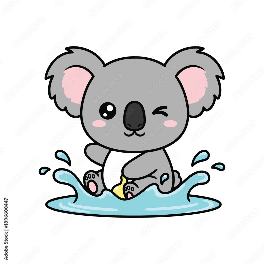 Obraz premium Cute cartoon koala splashing happily in blue water with bubbles, playful animal illustration, vector art