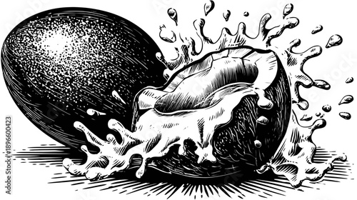 Black and white illustration depicts a whole fruit, split open, with juice splashing