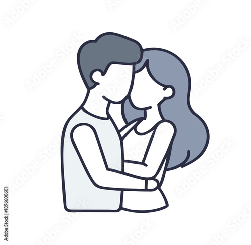 Loving couple embracing, celebrating romance and affection. A woman in high heels hugs a man, with red hearts floating