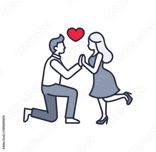 Loving couple embracing, celebrating romance and affection. A woman in high heels hugs a man, with red hearts floating