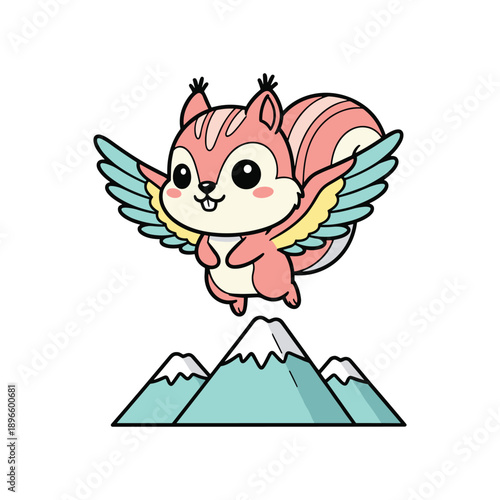 Cute cartoon fox with wings flying over snowy mountain peak fantasy illustration