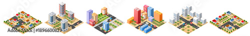 Various isometric city blocks featuring residential houses, high-rise buildings, and commercial areas, composing an urban map