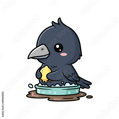 Adorable Cartoon Crow Taking a Soapy Bath with Yellow Sponge, Cleanliness Concept
