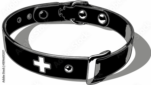 Digital image of a black collar with metal accents, a white cross, and buckle