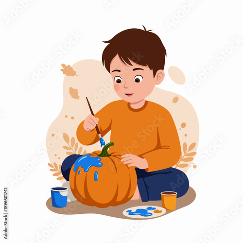 Boy with Pumpkin Cartoon Illustration
