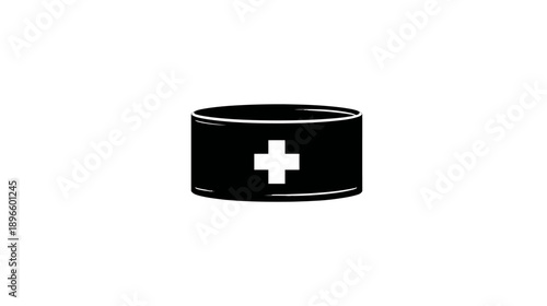 A black and white illustration depicts a cylindrical object with a plus sign in the center