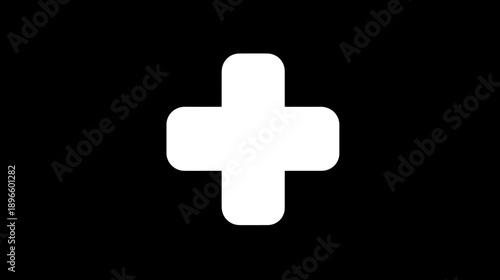 A white cross shape, with rounded corners, centered against a solid black background