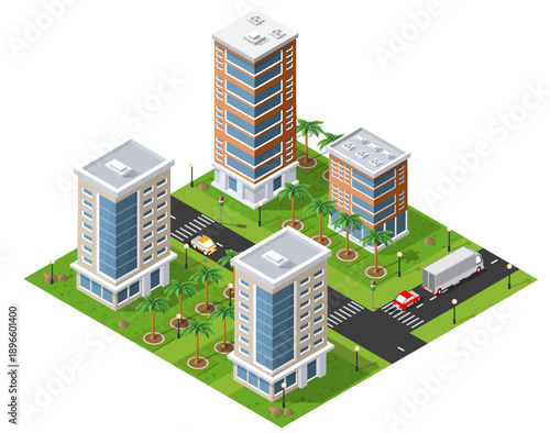Isometric urban megalopolis top view of the city infrastructure town, street modern, real structure, architecture 3d illustration elements different buildings