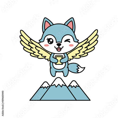 Cute blue cartoon fox angel with wings flying over mountain landscape illustration