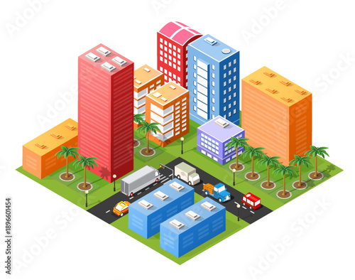 Isometric urban megalopolis top view of the city infrastructure town, street modern, real structure, architecture 3d illustration elements different buildings