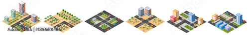 Various isometric city blocks featuring residential houses, high-rise buildings, and commercial areas, composing an urban map