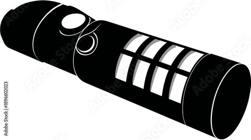A black and white cylindrical device with white features and a grid-like pattern