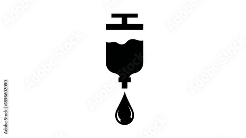 Black silhouette of an IV bag with liquid and a single drop falling from the bottom