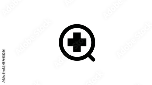 A simple, black symbol featuring a medical cross within a circle with a magnifying handle