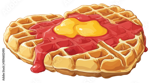 Delicious Waffle with Vibrant Red and Yellow Sticker, Vector Illustration