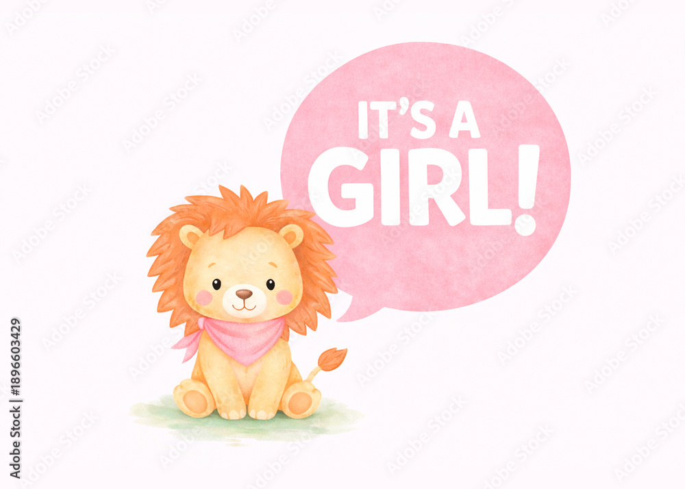 Fototapeta premium Gender reveal party poster. Cute cartoon watercolour animal sitting near text with announcement