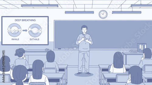 Relaxed classroom setting with students learning deep breathing