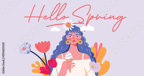 Hello Spring conceptual illustration with a muted violet haired woman holding an ice cream cone among blooming flowers