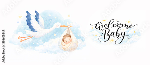 Watercolour illustration of a baby shower Invitation with stork and lettering