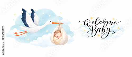 Watercolour illustration of a baby shower Invitation with stork and lettering