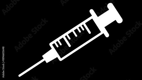 A medical illustration of a syringe, depicted in white on a black background, angled