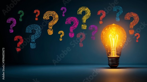 Light bulb with colorful question marks surrounding it creates an atmosphere of curiosity and inquiry