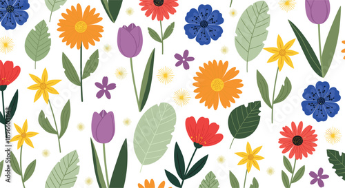 Colorful spring flowers vector pattern with tulips, daisies, leaves and botanical elements for decorative floral background design