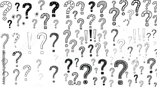 Hand drawn question mark vector set with black and white doodle punctuation symbols for quiz, FAQ and creative design
