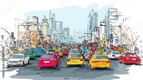 Vibrant Urban Street Scene with Multicultural Traffic Congestion in City