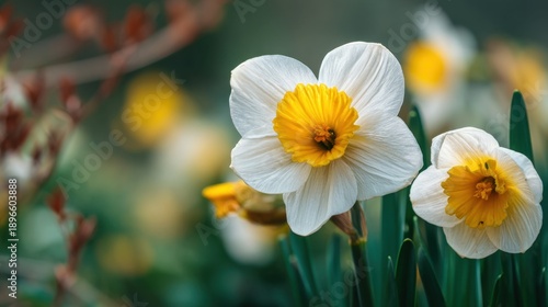 Close-up of white and yellow daffodils in bloom in a garden setting.