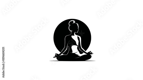 Black and white illustration of a woman in lotus position, with a circular backdrop