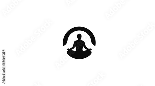 A simple, black silhouette of a person meditating within a rounded frame against white