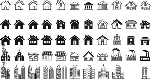 Building silhouette icon collection showing houses churches shops factories skyscrapers hotels classical modern architectural styles arranged in grid urban design flat vector illustration