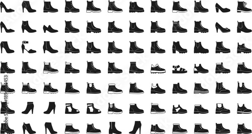 Footwear silhouette icon collection showing high heels ankle boots combat boots dress shoes sandals sneakers casual shoes arranged in grid fashion design flat vector illustration