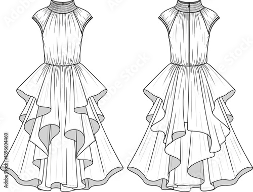 Formal dress technical fashion flat sketch showing gathered neckline collar cap sleeves fitted bodice cascading layered ruffle skirt front and back views flat vector illustration