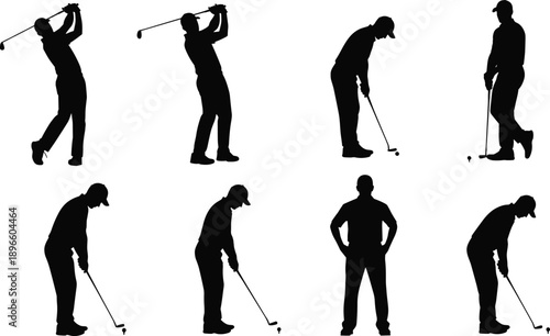 Golf swing silhouette icon collection showing player in multiple poses preparation address swing follow through holding club ball sports motion design flat vector illustration