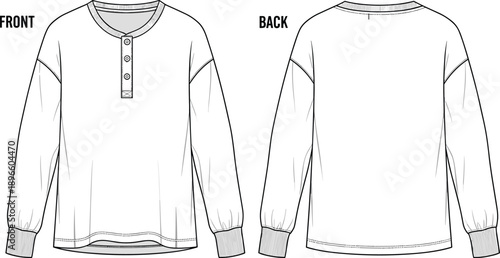 Henley shirt technical fashion flat sketch showing round neckline short button placket ribbed cuffs seam details front and back views casual garment flat vector illustration