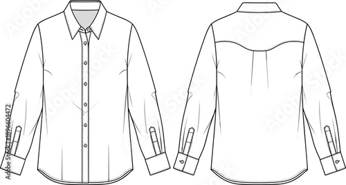 Long sleeve button up shirt technical fashion flat sketch showing front and back views collar placket cuffs yoke pleat tailored garment flat vector illustration