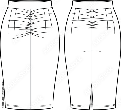 Pencil skirt technical fashion flat sketch showing high waistband ruched gathered detail center front and back slit tailored garment construction front and back views flat vector illustration