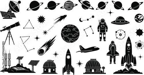 Space themed icon collection showing planets rockets satellites telescopes astronauts constellations stars comets UFO shuttle atomic models science astronomy design flat vector illustration