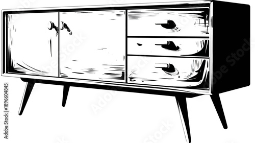 A mid-century modern style black and white sideboard with cabinet doors and drawers
