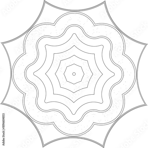 Elegant symmetrical mandala vector featuring nested wavy floral petals and a central star motif, designed with clean black and white outlines.